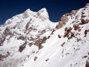 Pawel up on the way to C1 with Jannu in the background